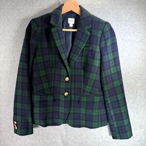 J.Crew Schoolboy Blazer Women's Size 2 Green Blue Blackwatch Tartan Gold Button